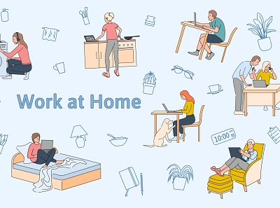 Work at home set efficient flat housework illustration online overworked vector workplace