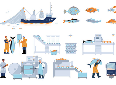 Fish industry icons set fish flat illustration industry manufacture seafood vector vessel