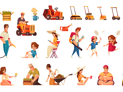 Lawn mower set cartoon equipment grass illustration mower people summer vector