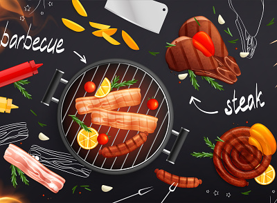 Barbecue grill party composition bbq beef flat food grill illustration party picnic vector