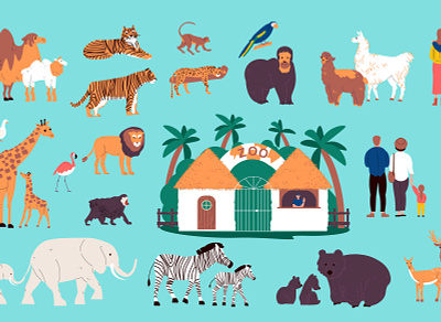 Zoo color set animals flat illustration tickets vector visitors wild zoo