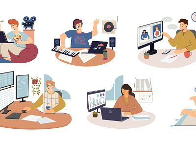 Computer and people set computer flat illustration office people technology vector workplace