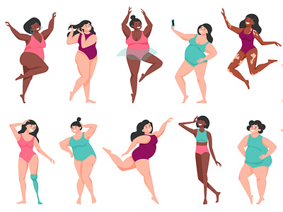 Body positive icon set flat illustration lifestyle positive swimsuit vector woman