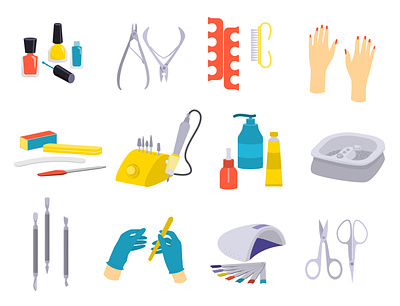 Manicure icons set accessory cosmetic flat illustration manicure vector woman