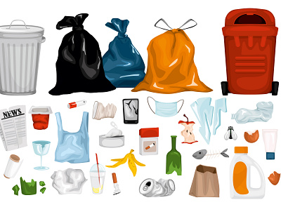 Trash garbage set environment flat garbage illustration pollution recycling vector