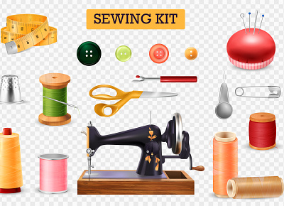 Sewing machine set accessory handmade illustration material realistic tailor vector