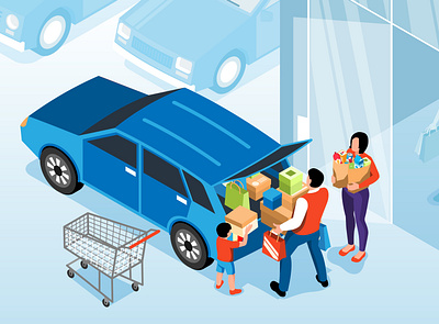 Family shopping composition car family illustration isometric shopping supermarket vector