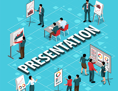 Presentation flowchart coaching discussion illustration isometric presentation training vector