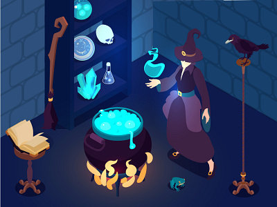 Wizard magic composition fairy halloween illustration isometric magic mystical vector