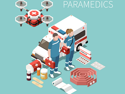Paramedics background ambulance doctors emergency illustration isometric paramedic vector