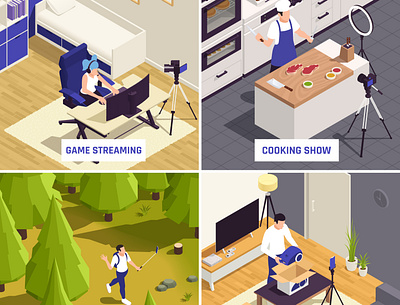 Blogger vlogger set blog business illustration internet isometric post vector video