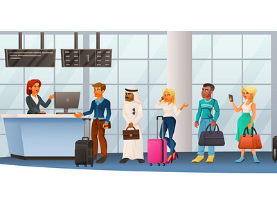 Airport queue composition airport cartoon illustration international passengers queue vector