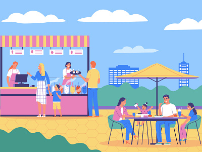 Summer cafe composition breakfast cafe customer flat illustration summer vector