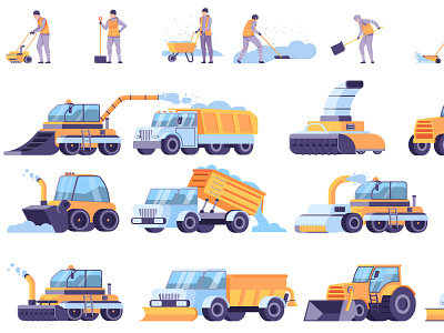 Snow cleaning set cleaning flat illustration snowblower vector winter worker