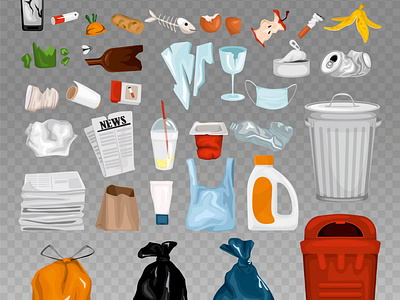 Trash garbage set cartoon flat garbage illustration recycle trash vector