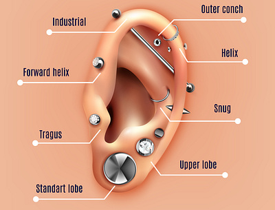Eear piercing poster beauty ear illustration jewellery piercing realistic vector