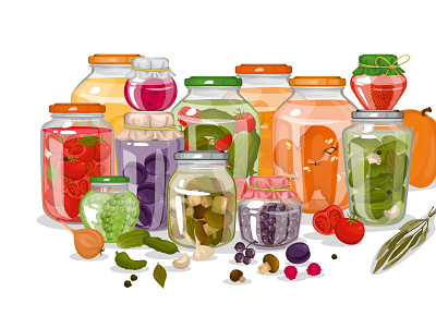 Homemade pickles jars canned cartoon conservation domestic harvest illustration vector