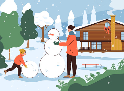 Winter countryside background christmas countryside flat illustration snowman vector winter