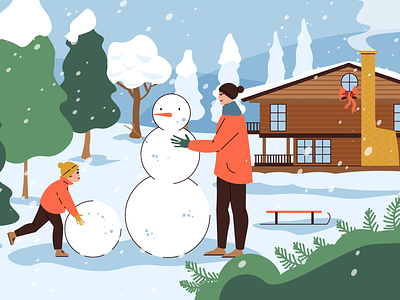 Winter countryside background christmas countryside flat illustration snowman vector winter