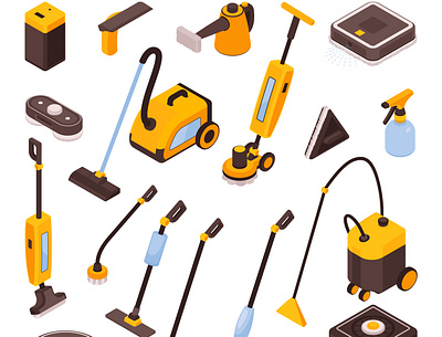Cleaning gadgets set appliance cleaning domestic illustration isometric robot vector