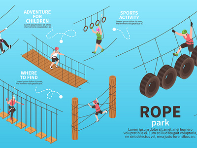 Rope park infographics activity amusement illustration isometric risk rope park vector