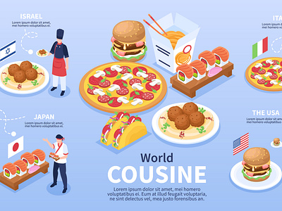 World cuisine infographics cooking cuisine dish illustration isometric restaurant vector