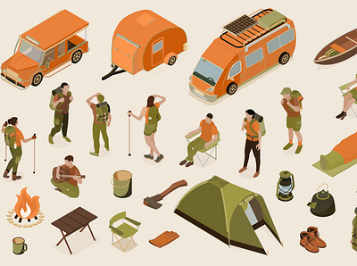 Hiking color icons set accessory hiking illustration isometric tourism vacation vector