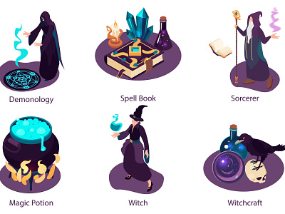 Wizard magic set characters fairy illustration isometric magic mystical vector