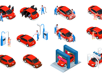 Car wash icon set carwash cleaner illustration isometric service vector vehicle