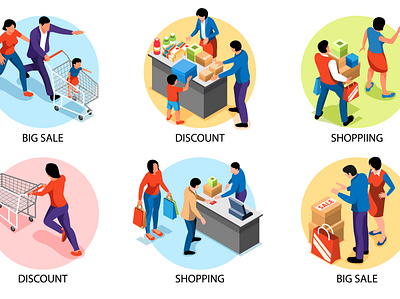 Family shopping compositions customer illustration isometric sale shopping supermarket vector