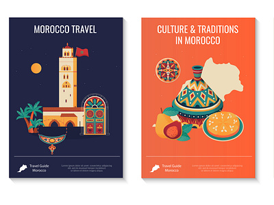 Morocco posters set culture flat illustration landmark morocco travel vector