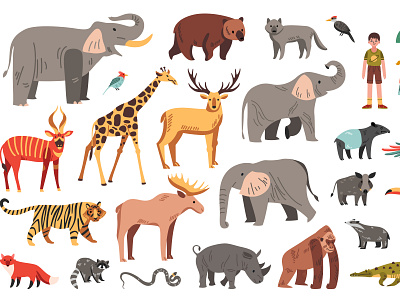 Zoo set animals flat illustration vector visitor zoo zookeeper