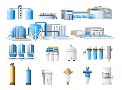Water purification technology set cartoon cleaning illustration purification technology vector water