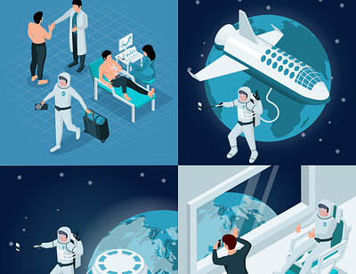 Space tourism compositions galaxy illustration isometric science space tourism vector