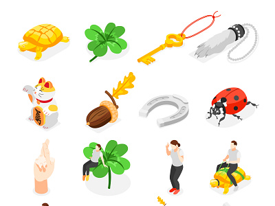 Lucky symbols icons set illustration isometric lucky success symbol vector well being