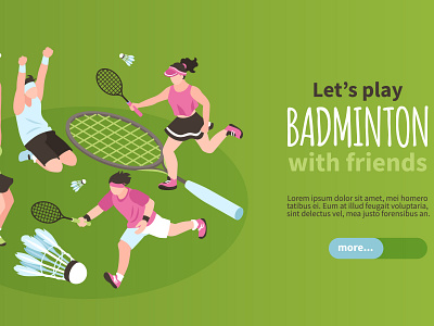 Badminton banner badminton equipment illustration isometric play training vector