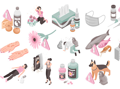 Allergy compositions set allergen illustration isometric medicine treatment vector