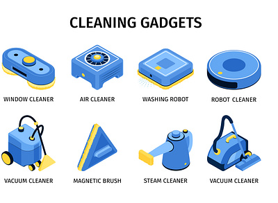 Modern cleaning gadgets set cleaning illustration isometric robot service smart vector