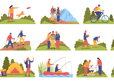 Hiking set adventure equipment flat illustration outdoor tourism vector