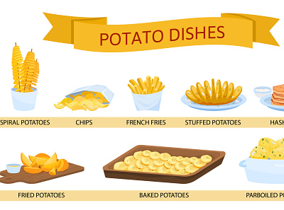 Potato dishes set cook flat food illustration ingredient menu potato vector