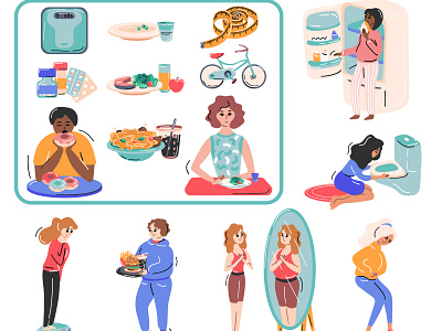 Eating disorders set body disorder flat illustration overweight unhealthy vector
