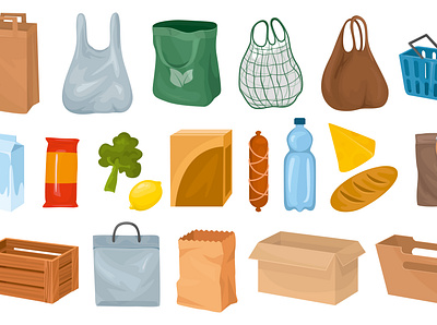 Foods basket bag box set bag basket flat food illustration supermarket vector