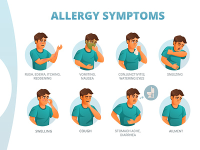 Allergy symptoms poster allergy cartoon health illustration symptom treatment vector