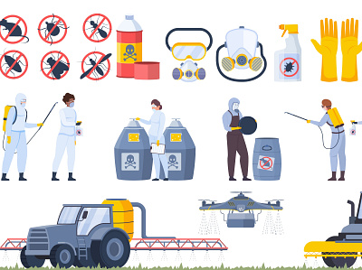 Pesticide farm set agriculture equipment flat illustration insecticide vector