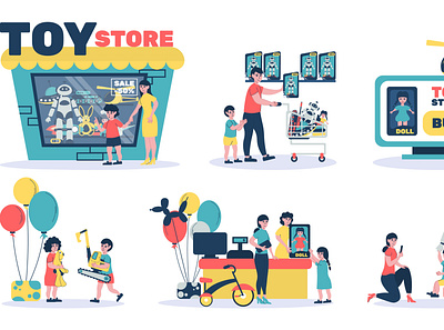 Toy store compositions customer flat illustration kid purchase shop toy vector