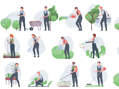 Garden tools compositions agricultural equipment flat garden illustration season vector