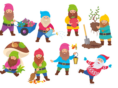 Cute gnomes set fairytale fantasy flat gnome illustration magic vector