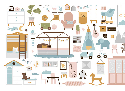 Baby playing room set childhood domestic flat illustration interior kid toys vector