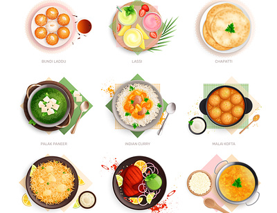 Indian cuisine set authentic cuisine flat food illustration traditional vector