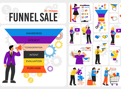 Funnel compositions set flat illustration marketing network service technology vector